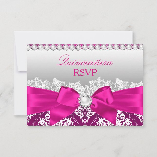 Chaud rose Damask & Pearl Bow Quinceanera RSVP (Devant)