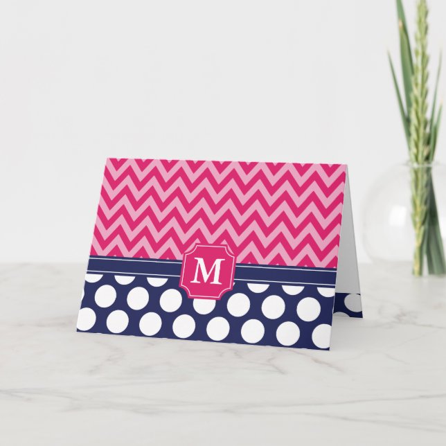 Chaud rose et Navy Chevron Zigzag Pois Monogramme (Devant)