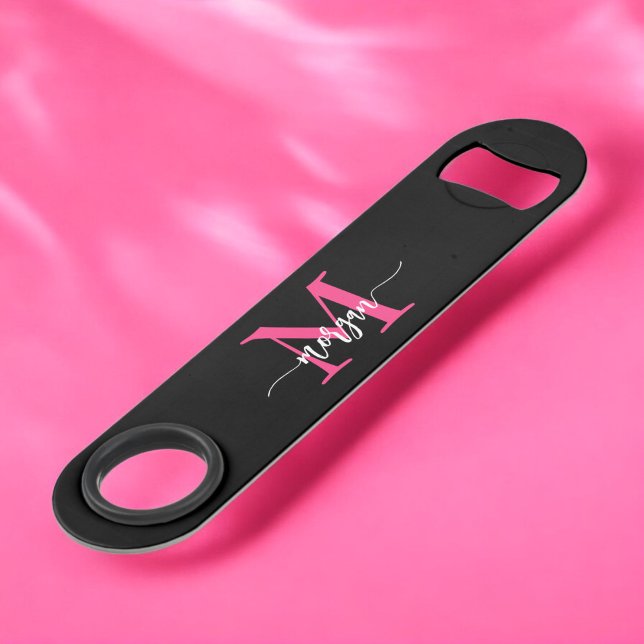 Chaud rose noir moderne Script Girl Monogramme Nom (Créateur téléchargé)