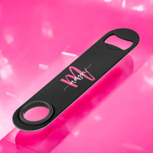 Chaud rose noir moderne Script Girl Monogramme Nom