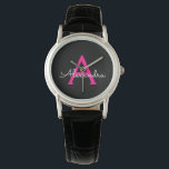 Chaud rose noir Script Girl Nom du monogramme<br><div class="desc">Monogramme simple noir et rose chaud Monogramme Nom Montre. Cela fait le cadeau parfait de remise de diplômes,  anniversaire,  mariage,  douche nuptiale,  anniversaire,  baby shower ou bachelorette pour quelqu'un qui aime le luxe glam et les styles chic.</div>