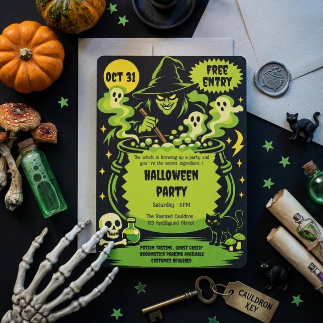 Chaudière de sorcière verte Invitation Halloween (Créateur téléchargé)