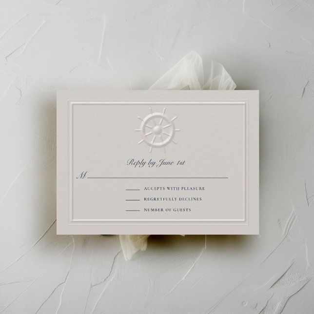 Chauffe-bateau côtière Réponse officielle du Maria (coastal nautical wedding rsvp card faux embossed boat helm double frame modern classic navy ivory)