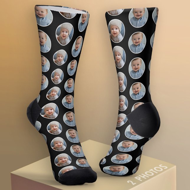 Chaussette 2 Photo Bordure Cercle - Blanc Noir (Custom Socks with Photo Collage)