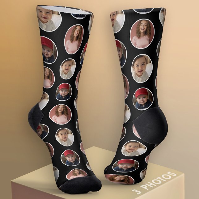 Chaussette 3 Photo Bordure Cercle - Noir Blanc (Custom Socks with Photo Collage)