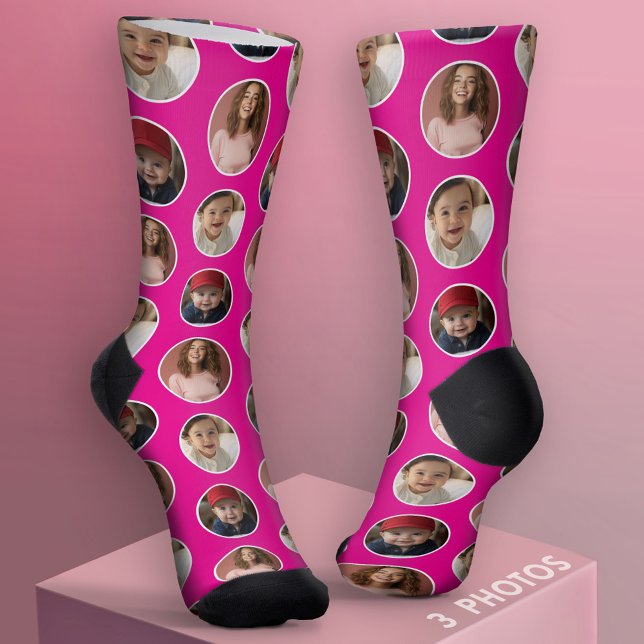 Chaussette 3 Photo Bordure Cercle - Rose Blanc (Custom Socks with Photo Collage)