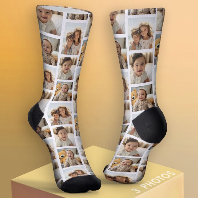 Chaussette 3 Photo Collage Motif demi-brique - Blanc (Custom Socks with Photo Collage)