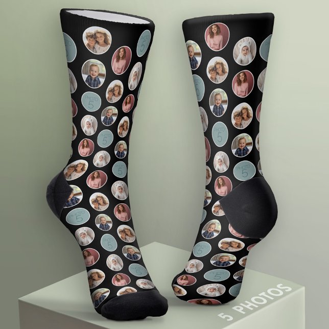 Chaussette 5 Photo Bordure Cercle - Blanc Noir (Custom Socks with Photo Collage)