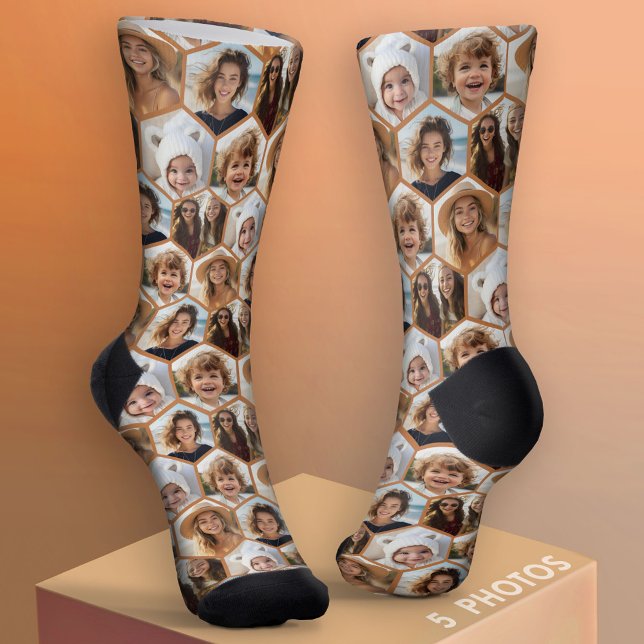 Chaussette 5 Photo Hexagon Honeycomb Motif Collage (Custom Photo Socks)