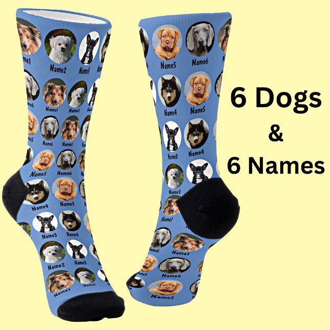 Chaussette 6 Chiens, 6 Noms, Photo Chien - bleu personnalisé (Créateur téléchargé)