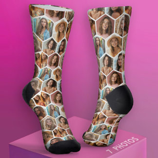 Chaussette 7 Photo Collage - funky honeycomb motif - blanc