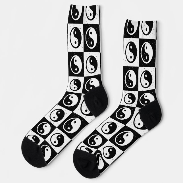 Chaussette À damiers blanc noir Yin-yang Zen Block Imprimer (Gauche)