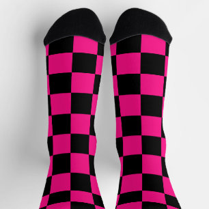 Chaussette à damiers carré rose chaud noir rétro géométrique