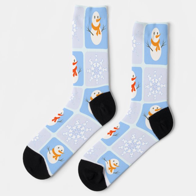 Chaussette À damiers hiver bonhomme de neige motif et flocons (Gauche)