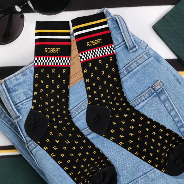 Chaussette à damiers Indicateur Nom du monogramme personnalis (Créateur téléchargé)