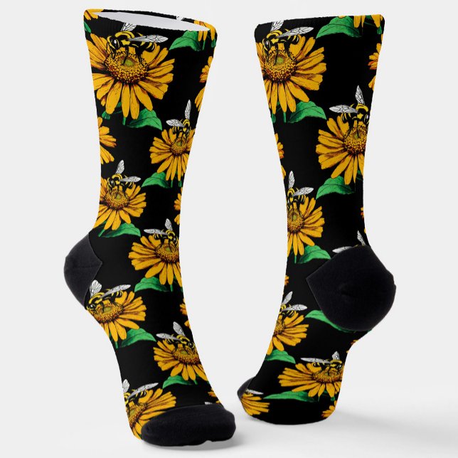Chaussette Abeille sur Tournesol Fleur Motif Design Noir (Créateur téléchargé)