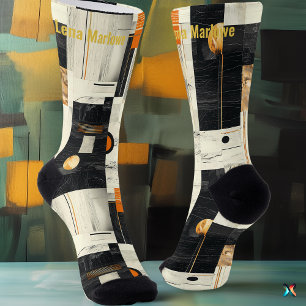 Chaussette Abstrait Géométrique Noir et Orange Sophistiqué