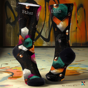 Chaussette Abstrait Hexagonal en Émeraude, Orange sur Noir