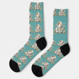 Chaussette Agneaux Mignons avec Accents Floraux et Patchwork
