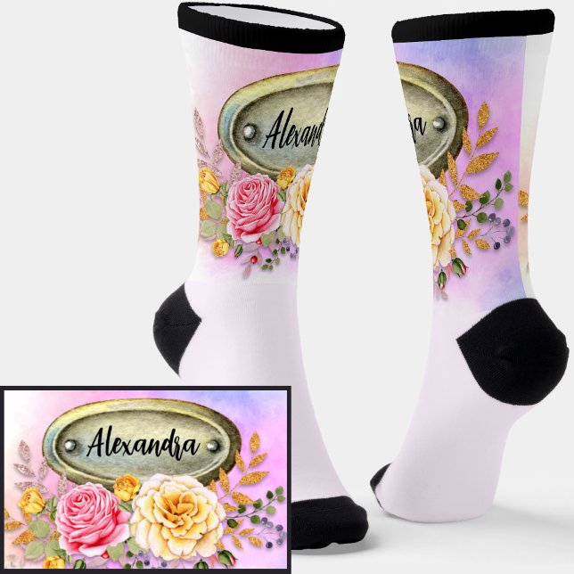 Chaussette Ajouter un nom, des Roses floraux avec une linthe  (Créateur téléchargé)