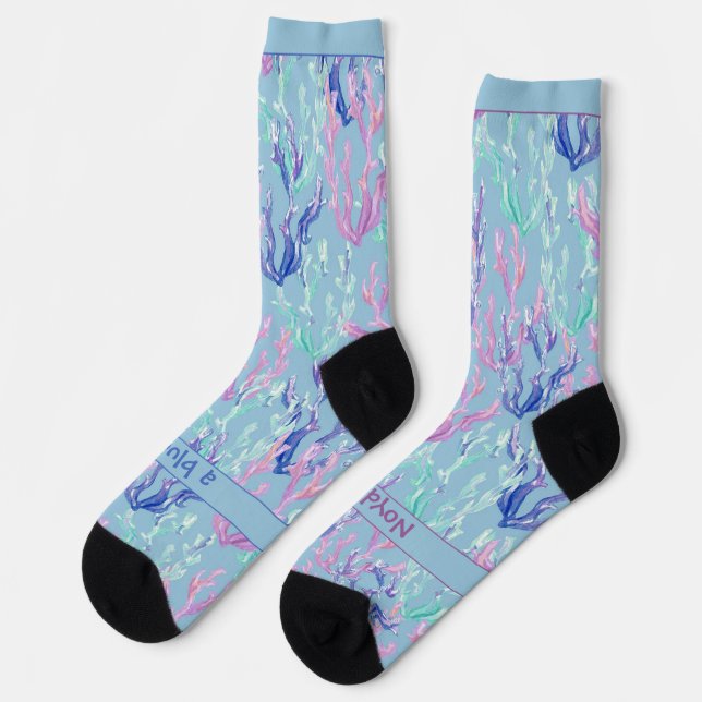 Chaussette Algues colorées, Texte sur fond bleu (Gauche)