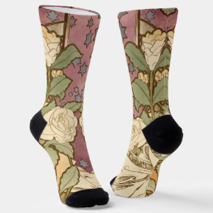 Chaussette Alphonse Mucha Étoiles Élégantes Art Nouveau Camél