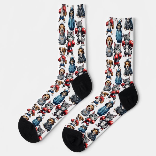 Chaussette Amusante Boxe Chat Chien Motif Design (Gauche)