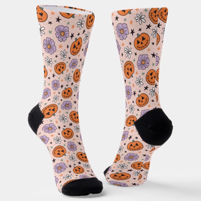 Chaussette Amusants Citrouilles d'Halloween et Fleurs Motif (Angulaire)