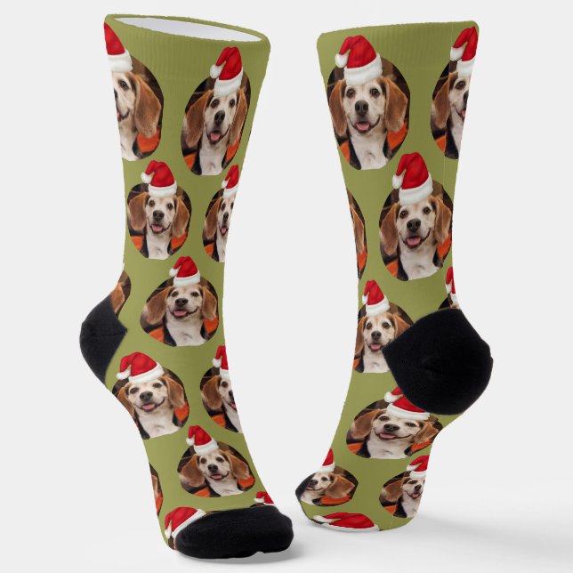 Chaussette Animaux de compagnie Photo Olive Green Santa Hats  (Angulaire)