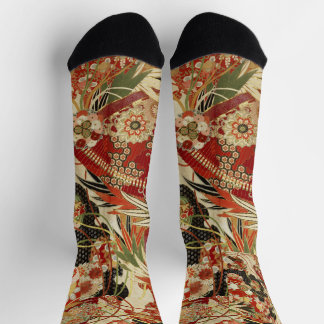 Chaussette ANTIQUE JAPANESE FLOWERS Red Green Black Floral