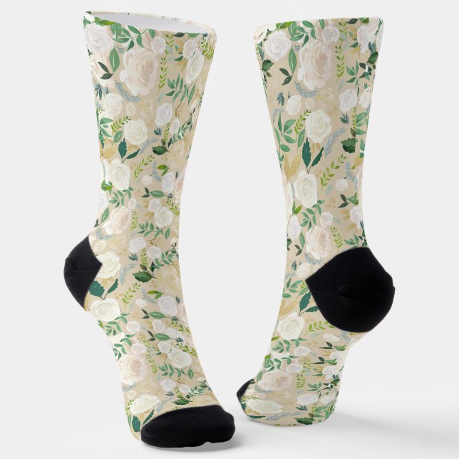 Chaussette Aquarelle blanche Sage ivoire Beige floral (Angulaire)