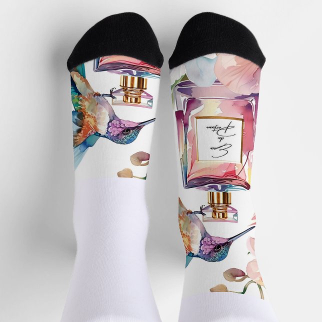 Chaussette Aquarelle colorée Colibri et parfum Floral S (Haut)