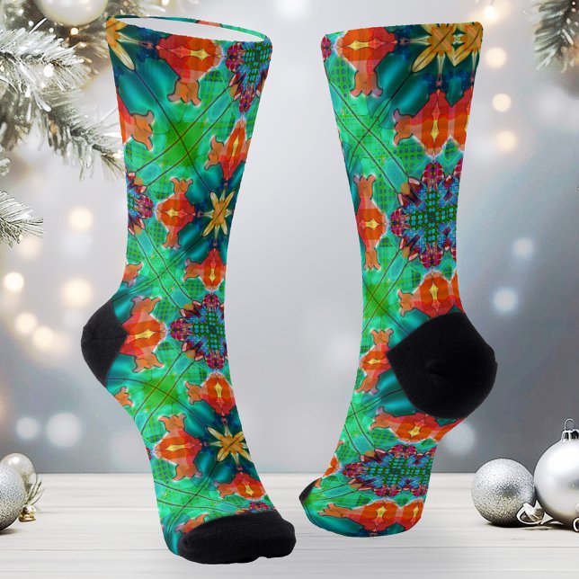 Chaussette Aquarelle colorée Motif de Noël (Christmas socks featuring an abstract geometric watercolor design in seasonal green and warm reds)