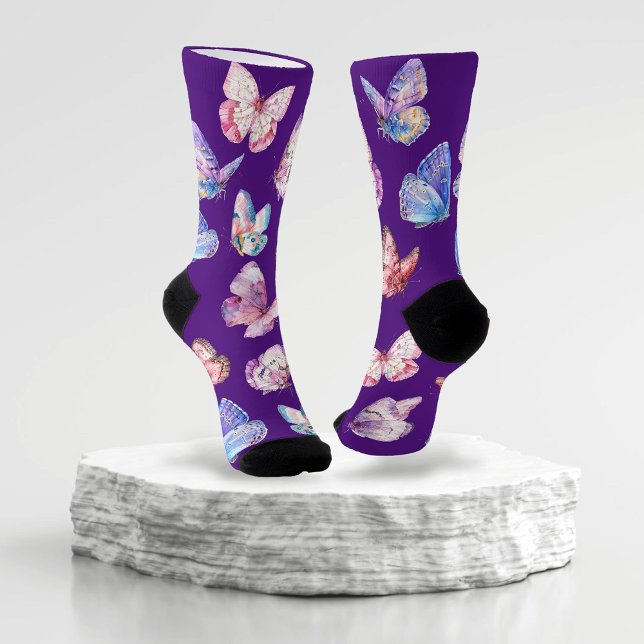 Chaussette Aquarelle colorée Papillon Motif pourpre (Créateur téléchargé)