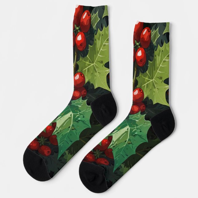 Chaussette aquarelle de Noël feuilles de houx botanique  (Gauche)