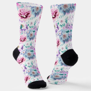Chaussette Aquarelle fleurs roses et bleues.