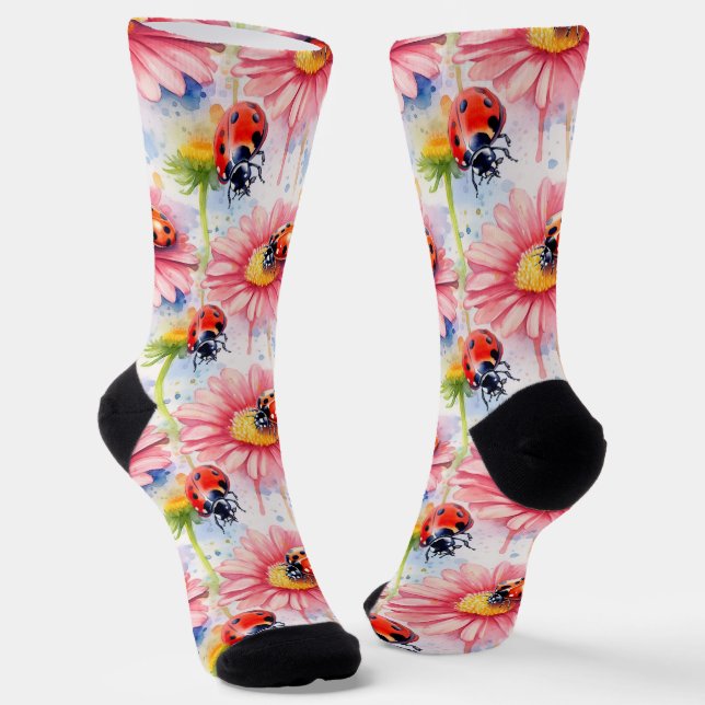 Chaussette Aquarelle Ladybugs sur Fleurs (Angulaire)