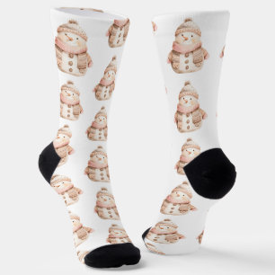 Chaussette Aquarelle mignonne Snowmen Motif rose blanc