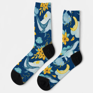 Chaussette Aquarelle rêve de baleines en bleu