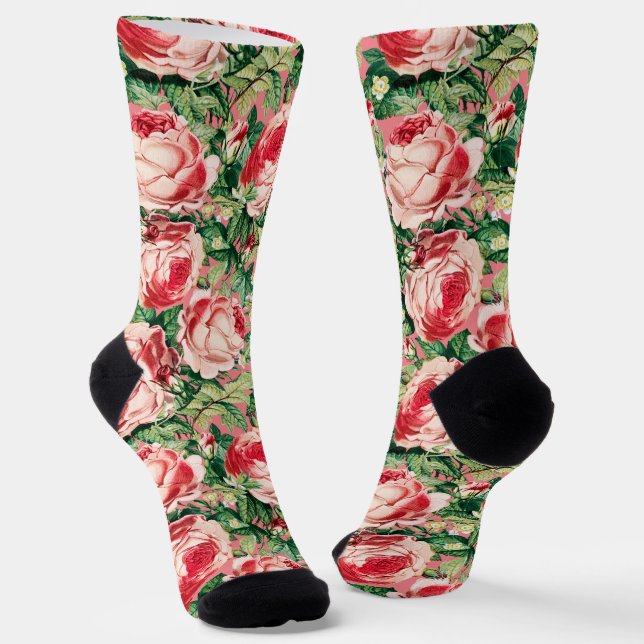 Chaussette Aquarelle Rose & Rose Rouge Fleurs & Feuilles vert (Angulaire)