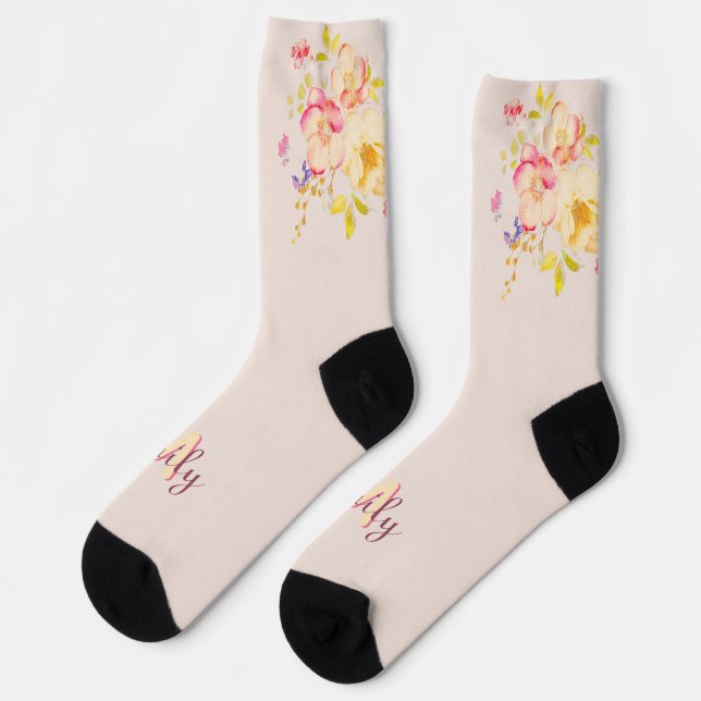 Chaussette Aquarelle Roses Jaunes Rose, Monogramme (Gauche)