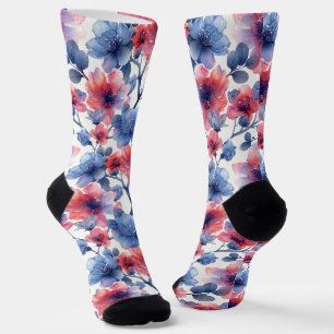 Chaussette Aquarelle rouge, fleurs bleues sur le blanc