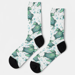 Chaussette aquarelle tortue de mer vert bleu animal motif