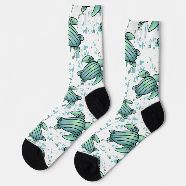 Chaussette aquarelle tortue de mer vert bleu animal motif (Gauche)