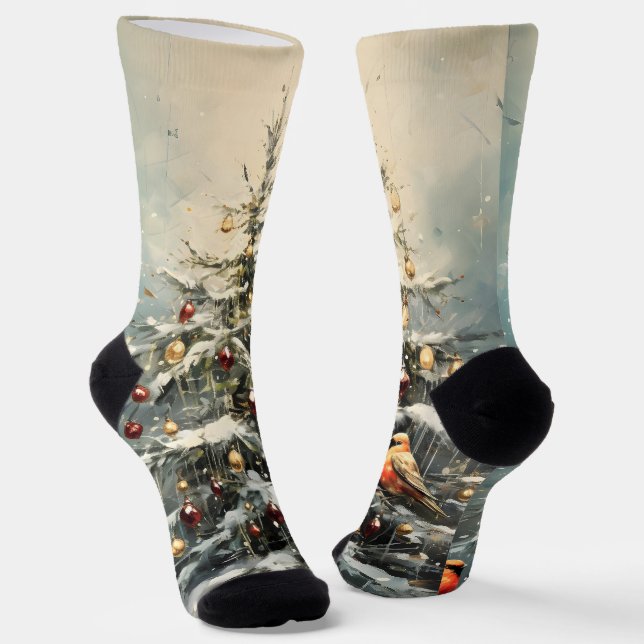 Chaussette Arbre de Noël rustique d'hiver Oiseaux rouges enne (Angulaire)