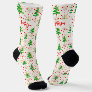 Chaussette Arbres de Noël et Snowflakes d'or, Red Script Name