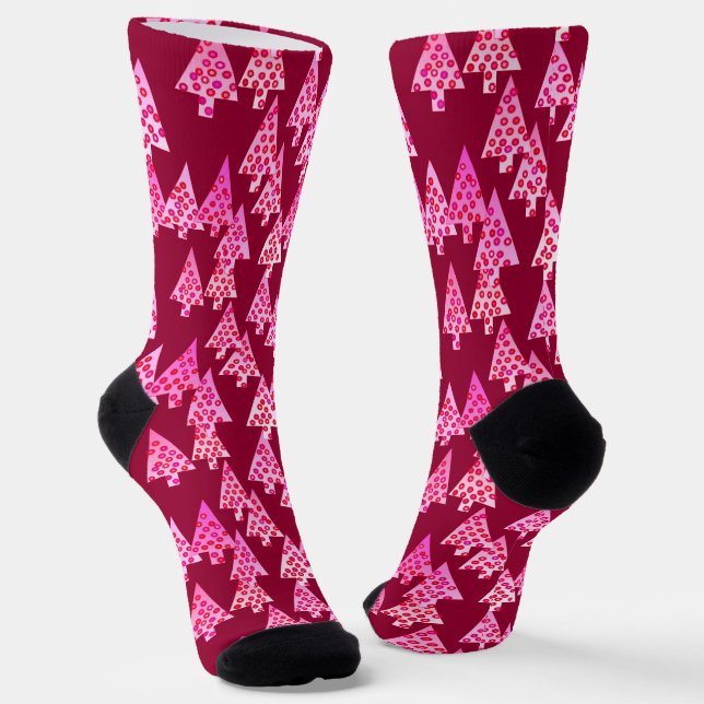 Chaussette Arbres de Noël Fleur Moderne, Bourgogne & Rose (Angulaire)