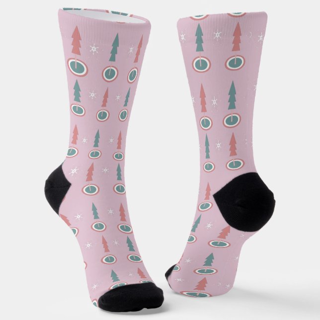 Chaussette Arbres de Noël Flocons Rose Vert  Motif (Angulaire)