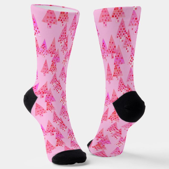 Chaussette Arbres de Noël modernes rétro, Pastel Rose (Angulaire)