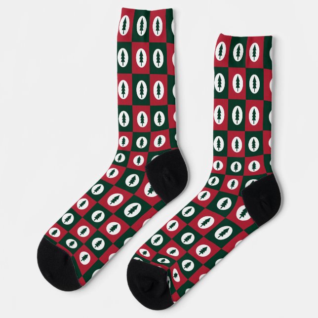 Chaussette Arbres de Noël Motif rouge vert et blanc (Gauche)